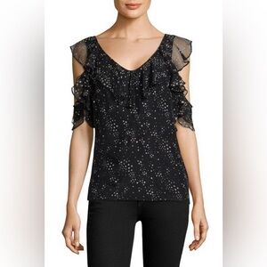 Love Shack Fancy Sz M Black Silk Ruffled Star Print Blouse.